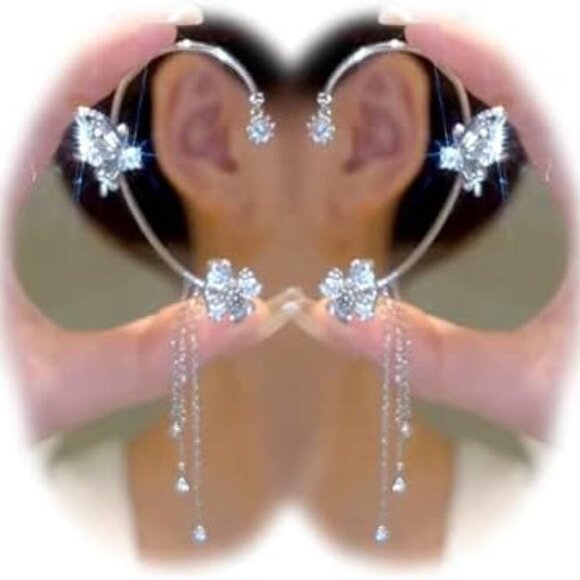 2PCS Butterfly Tassel Zircon Earrings and Ear Cuffs - No Piercing Flower Climber - Picture 1 of 7